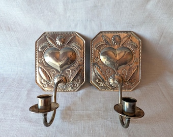 Pair of Swedish Brass Wall Candle Holders, Heart Motif, Vintage Scandinavian Sconces, Folk Art Blaker Set, 1980s Decor,
