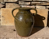 Michael Crocker Hand Thrown 10 1 4 quot Tall Vase or Jar with Green Drip Glaze and Double Twist Handle w Combed Sgraffito Decoration