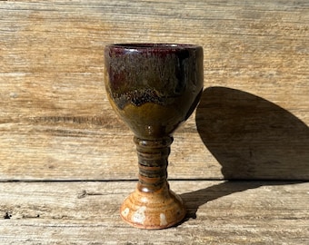 Studio Pottery Chalice Wine Glass Brown with Blue Signed Kyle