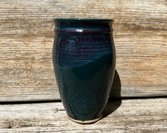 Anita Morgan Seagrove NC Pottery Dark Green Blue and Burgundy Glazed Vase Signed 1996