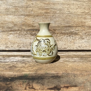 Small Decorated Pottery Vase with Muted Blue or Lavender Iris Flowers and Leaves Unmarked
