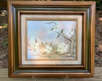 Vintage Dogwood Painting in Gold and Green Wooden Frame Signed L Turner by Artist, probably Leona Turner