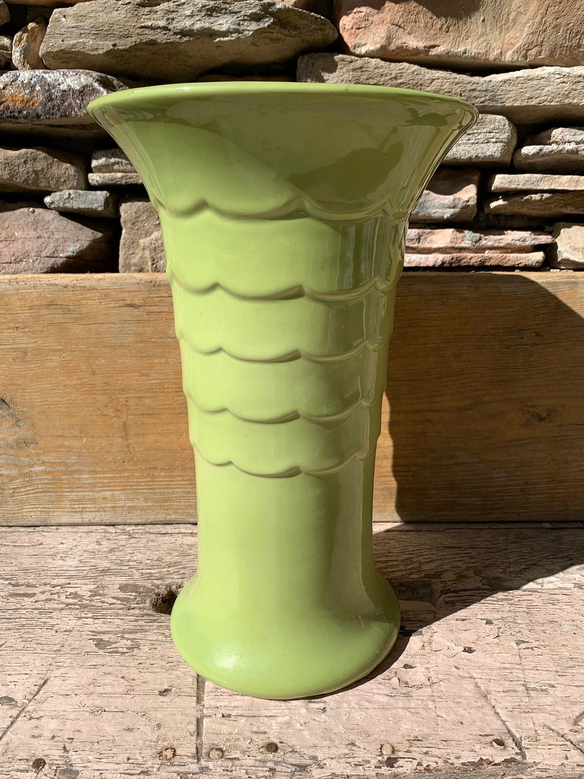 Tall 1940's Spring Green Floor Vase With Scalloped Bands Etsy