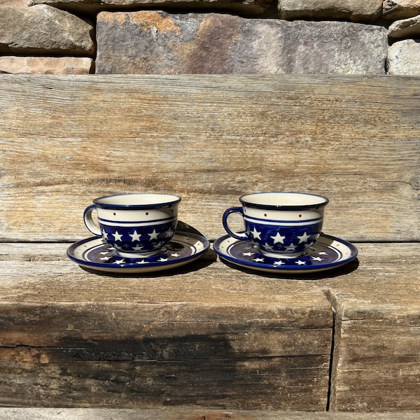 Two Sets of Zaklady Ceramiczne Polish Pottery Tea Cups and Saucers with Star Pattern