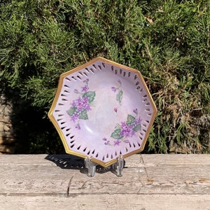 Vintage Purple Hand Painted Porcelain Bowl with Gold Edges and Purple Flowers Signed 1962