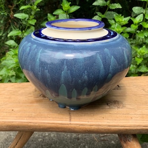 Vintage Studio Pottery Blue Drip Glaze Vase Signed JN 97