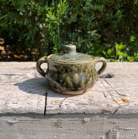 Norman Smith Alabama Southern Pottery Tobacco Spit Glazed Lidded Two  Handled Sugar Bowl Signed