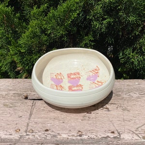 Hand Turned Pottery Bowl with Pink and Purple Modern Design Signed