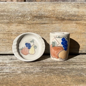 Chatham Pottery Country Harvest 5” Footed Ashtray and Tall Sugar Shaker with Cork
