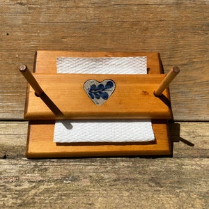 Unique Vintage Wooden Clamp Style Napkin or Note Holder with Blue and White Pottery Heart Inset