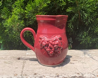 Red Hand Thrown Pottery Pitcher with Applied Grapes and Interesting Low Handle by Fred and Laura Ellis of Something Southern Pottery
