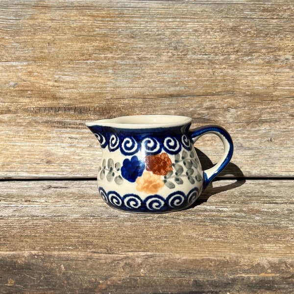 Polish Pottery Creamer with Blue Brown and Yellow Flowers Stamped