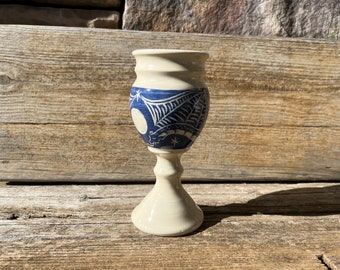 Handthrown White Studio Pottery Chalice Wine Cup with Blue Dragon with a Night Sky Full Moon and Stars
