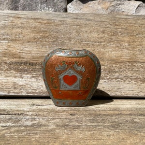 Brass Cloissonne Enameled Vase with House Hearts and Birds