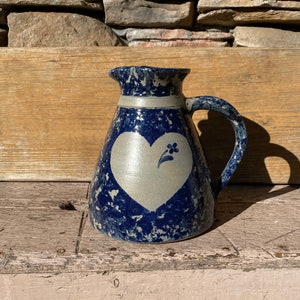 Untippable Ellis Pottery Blue and White Spongeware Heart Pitcher