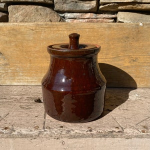 Large Brown Red Clay Pottery Lidded Bean Pot Canister Signed