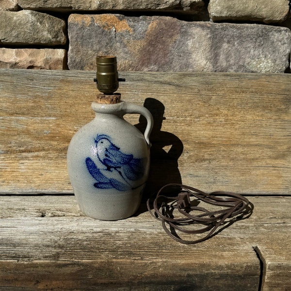 Rowe Pottery Jug Lamp with Cobalt Bird Decoration 1987