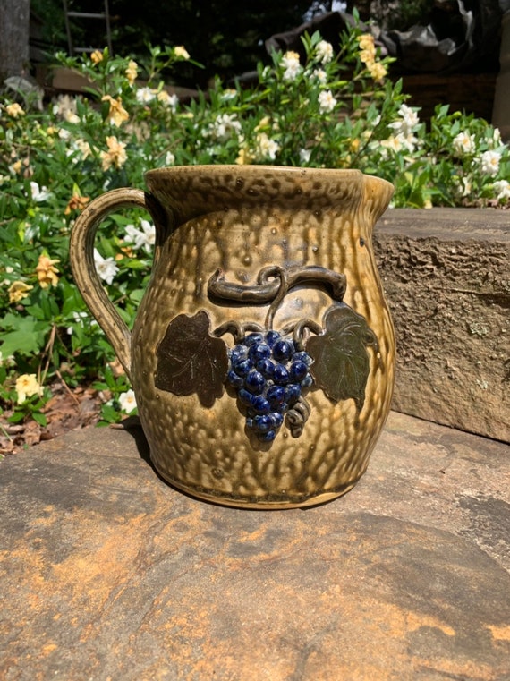 Wilford Dean Tobacco Spit Glaze Pitcher With Grapes Vine Leaves Folk Art  Pottery Georgia