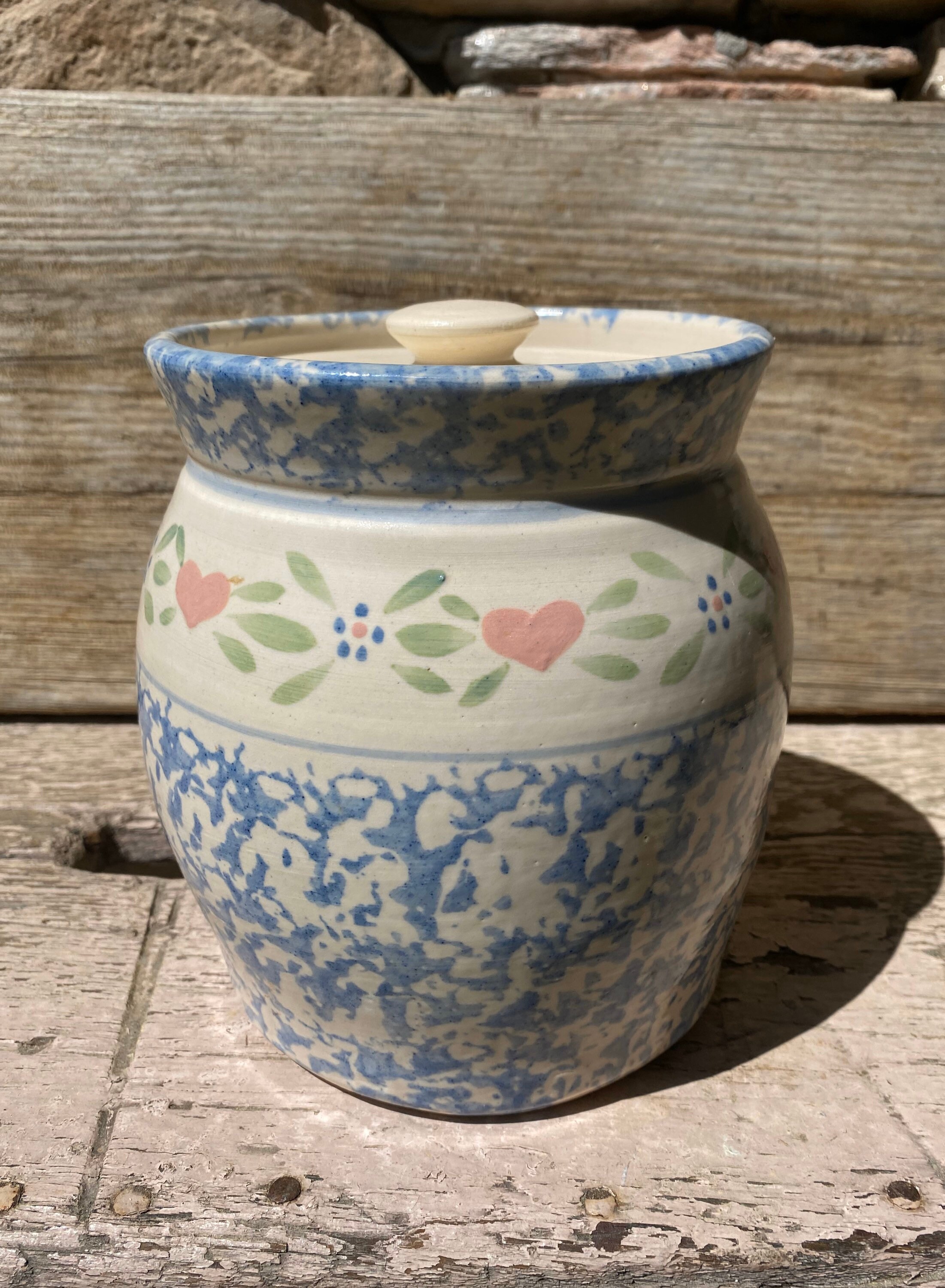 Blue and White Sponge Ware Lidded Canister With Green Leaves - Etsy
