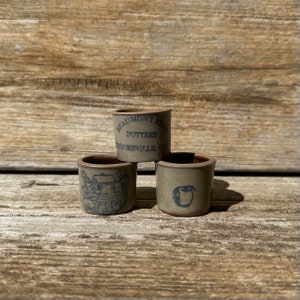 Three Beaumont Brothers Pottery Miniature Crocks Beige and Blue