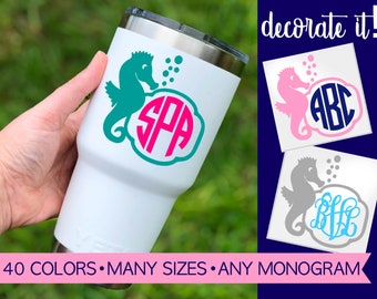 Seahorse Monogram Decal | Seahorse Decal | Yeti Decal Beach | Seahorse Sticker 5SU4Y
