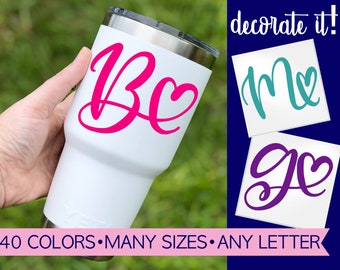 Love monogram letter stickers for cup.  Single letter decal with heart.  Initial decal sticker for yeti cup, tumbler or water bottle.