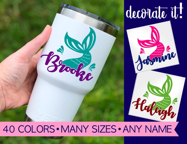 Personalized Mermaid Decal Stickers for Kids or Women, Custom Decal for Yeti, Cup, Tumbler or Water Bottle 5MM1Y image 1