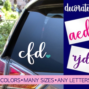 May include: A white car with a custom decal that says "cfd" with a teal heart. The image also shows examples of other decals in pink, purple, and gold with the text "aed" and "rjd". The text "decorate it!" is at the top of the image. The text "40 COLORS • MANY SIZES • ANY LETTERS" is at the bottom of the image.