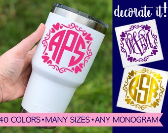 Monogrammed Initials with Heart Border | Heart Monogram Sticker for Cup | Vinyl Heart Monogram Decal for Yeti Tumbler Heart Monogram 5MG11Y