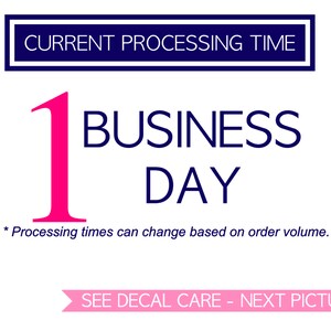 May include: A white background with a blue rectangle that says "CURRENT PROCESSING TIME". Below the rectangle is a large pink number "1" and the text "BUSINESS DAY" in blue. The text "* Processing times can change based on order volume." is below the number and text. At the bottom of the image is a pink banner that says "SEE DECAL CARE - NEXT PICTURE".