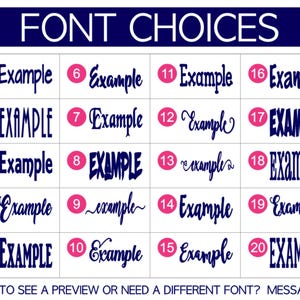 May include: A chart of 20 different font styles, labeled with numbers 1 through 20. Each font style is shown as the word "Example" written in that style. The text at the bottom of the chart reads "WANT TO SEE A PREVIEW OR NEED A DIFFERENT FONT? MESSAGE ME."
