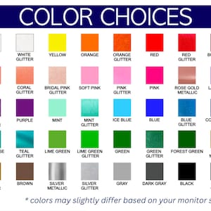 May include: Colour chart displaying 36 different colour options for a product. The colours include white, yellow, orange, red, coral, pink, purple, mint, blue, green, turquoise, teal, lime green, brown, silver, grey, black, and gold. Some colours are shown with glitter or metallic finishes.