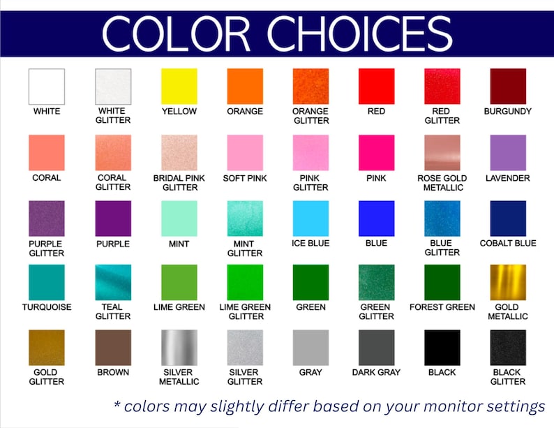 May include: Colour chart displaying 36 different colour options for a product. The colours include white, yellow, orange, red, coral, pink, purple, mint, blue, green, turquoise, teal, lime green, brown, silver, grey, black, and gold. Some colours are shown with glitter or metallic finishes.
