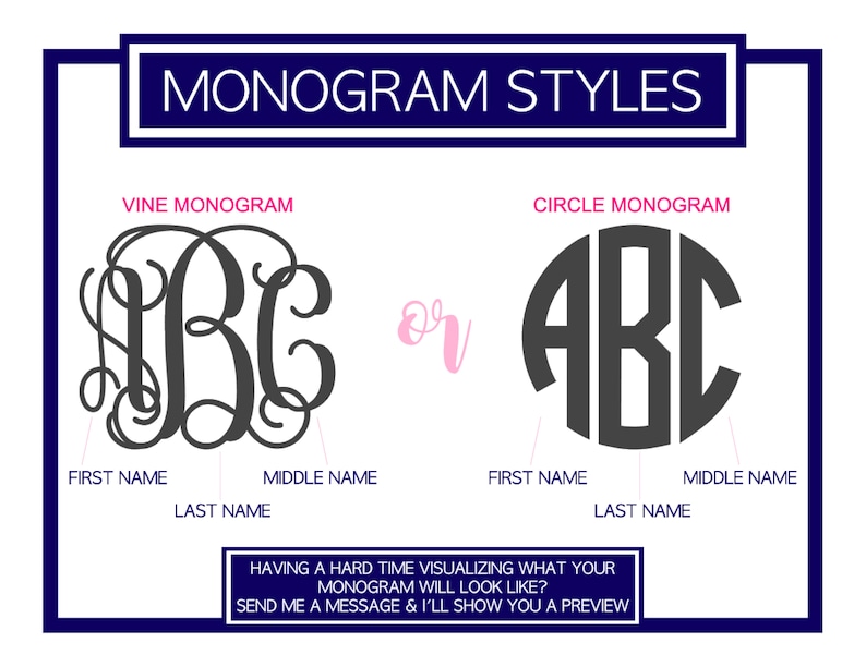 May include: A graphic showing two different monogram styles. The first style is a vine monogram with the letters "ABC" in a script font. The second style is a circle monogram with the letters "ABC" in a block font. The text below the monograms explains how to order each style.