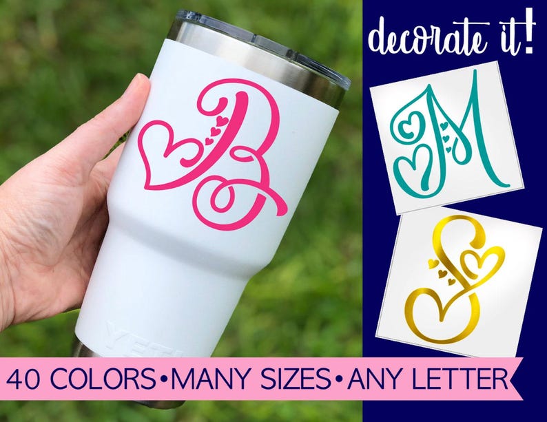 Heart Letter Tumbler Decal | Choice of Letter, Color & Size. Personalized for you to add to your Yeti Cup, Planner, Notebook, etc. 5LN18Y image 1