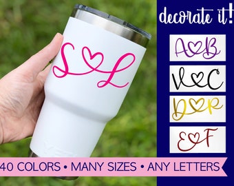 Heart monogram decal for couples to personalize a cup, tumbler or water bottle.  Couple stickers for car, laptop or planner.  Love decal.
