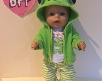 Frog  Theme Hoodie  soft fleece Dolls Baby Outfit Fits Baby Born 17” Dolls or Similar re Born Dolls.