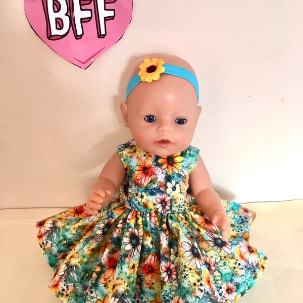 17 inch Dolls Baby Doll Clothes - Dress.  Fits Baby Born Dolls . Similar . Sunflowers Fabric Dress - Headband . Handmade  Designer.