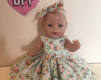17” Baby Doll Clothes / Dress. Little green Liberty Flower theme Dress. Fits Baby Born Dolls . Similar Handmade  Designer Dress. / Headband