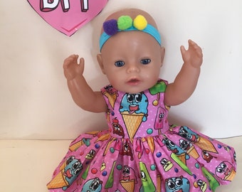 17 inch Dolls Baby Doll Clothes / Dress. Little Lolipops & Ices  Dress /  headband.Fits Baby Born Dolls Handmade  Designer.