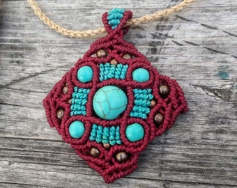 Macrame Turquoise Necklace, Macrame Stone Pendants, Turquoise Gemstone Necklace, Red Pendant, Red Necklace, Macrame Choker, Hippie Necklace