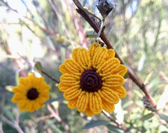 Sunflower Drop Earrings, Flower Dangle Earrings, Hippie Hook Earrings, Boho Jewelry, Lightweight Earrings, Macrame Jewelry