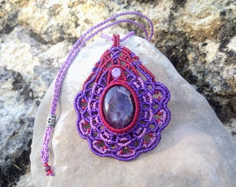 Macrame Amethyst Necklace, Purple Gemstone Pendant, Crystal Pendant Necklace, Natural Stone, Stone Pendant, Healing Crystal, Macrame Choker