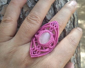 Macrame Quartz Ring, Rose Quartz Ring, Crystal Quartz Ring, Natural Stone, Pink Ring, Macrame Ring, Pink Stone, Hippie Ring, Healing Crystal