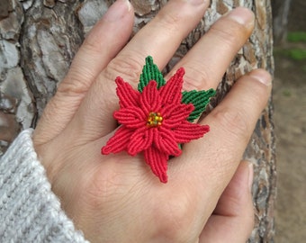 Macrame Poinsettia Ring, Floral Adjustable Ring, Colourful Hippie Ring, Statement Jewelry, Boho Jewelry, Waterproof Rings, Christmas Gift