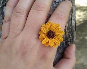 Macrame Sunflower Ring, Yellow Sunflower Ring, Big Flower Ring, Adjustable Ring, Floral Ring, Waterproof Ring, Non-metallic Ring, Boho Rings