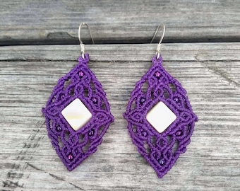 Macrame Purple Earrings, Nacre Dangle Earrings, Seashell Drop Earrings, Hook Earrings, Lightweight Earrings, Silver Hook, Colourful Earrings