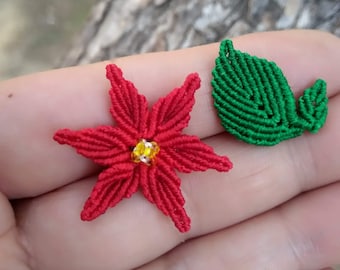 Macrame Floral Earrings, Red Flower Earrings, Star Flower Earrings, Poinsettia Earrings, Stud Earrings, Asymmetrical Earrings, Ear Studs