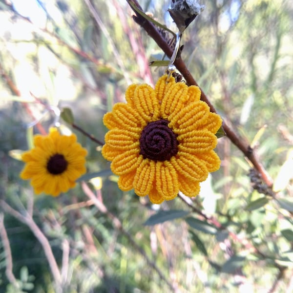 Sunflower Drop Earrings, Flower Dangle Earrings, Hippie Hook Earrings, Boho Jewelry, Lightweight Earrings, Macrame Jewelry