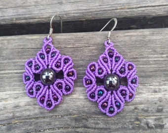 Gemstone Macrame Earrings, Purple Dangle Earrings, Macrame Earrings with Stone, Hematite Earrings, Drop Earrings, Hook Earrings, Silver Hook